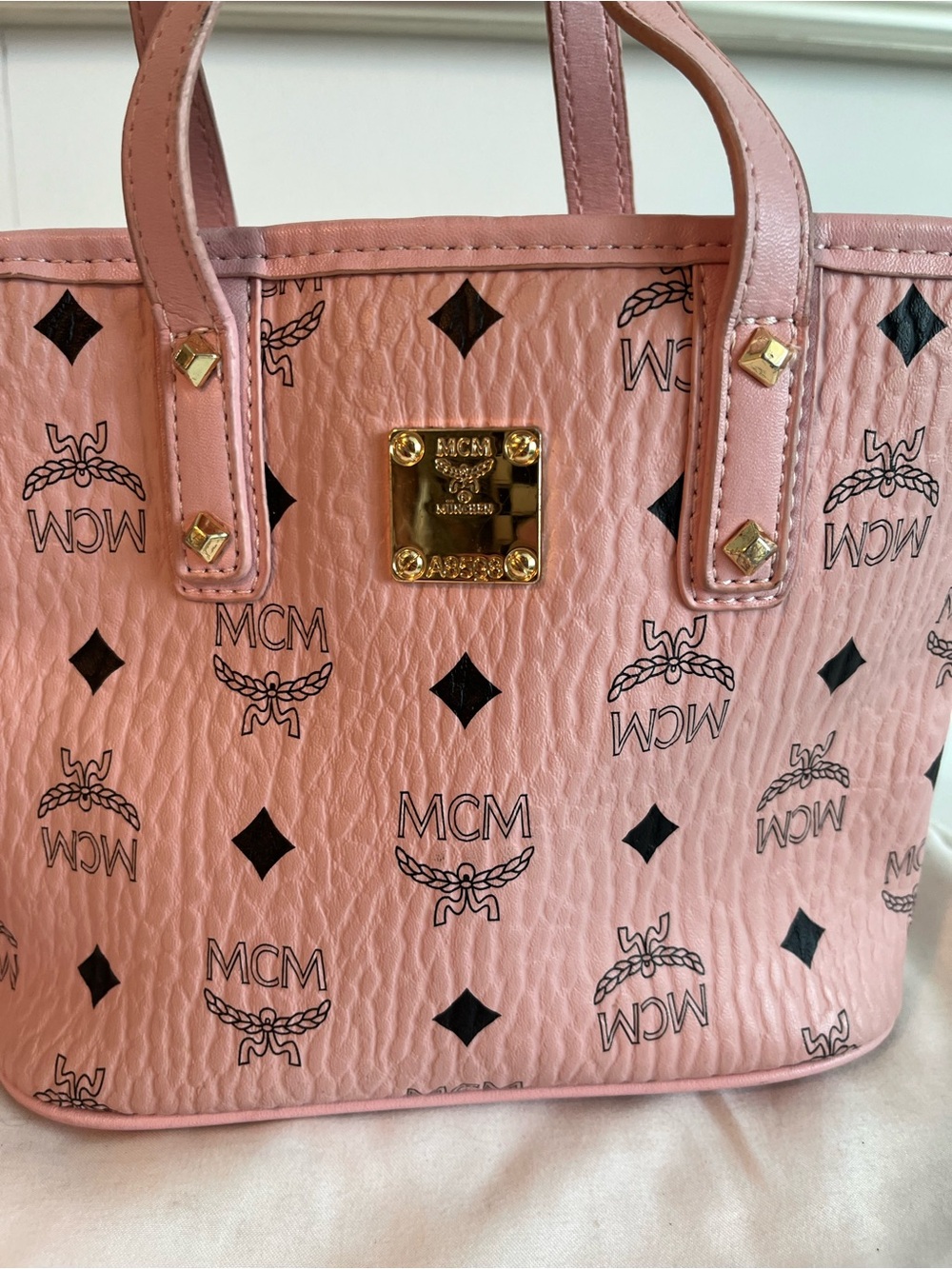 MCM Pink Logo Studded Tote with Gold Plate